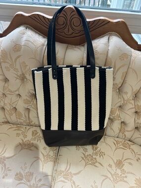 Black & White Striped Tote with Black Leather Base